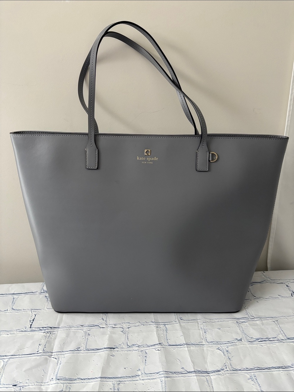 Kate Spade Grey Leather Extra Large Tote Bag | Top Zip Closure | Gold Hardware